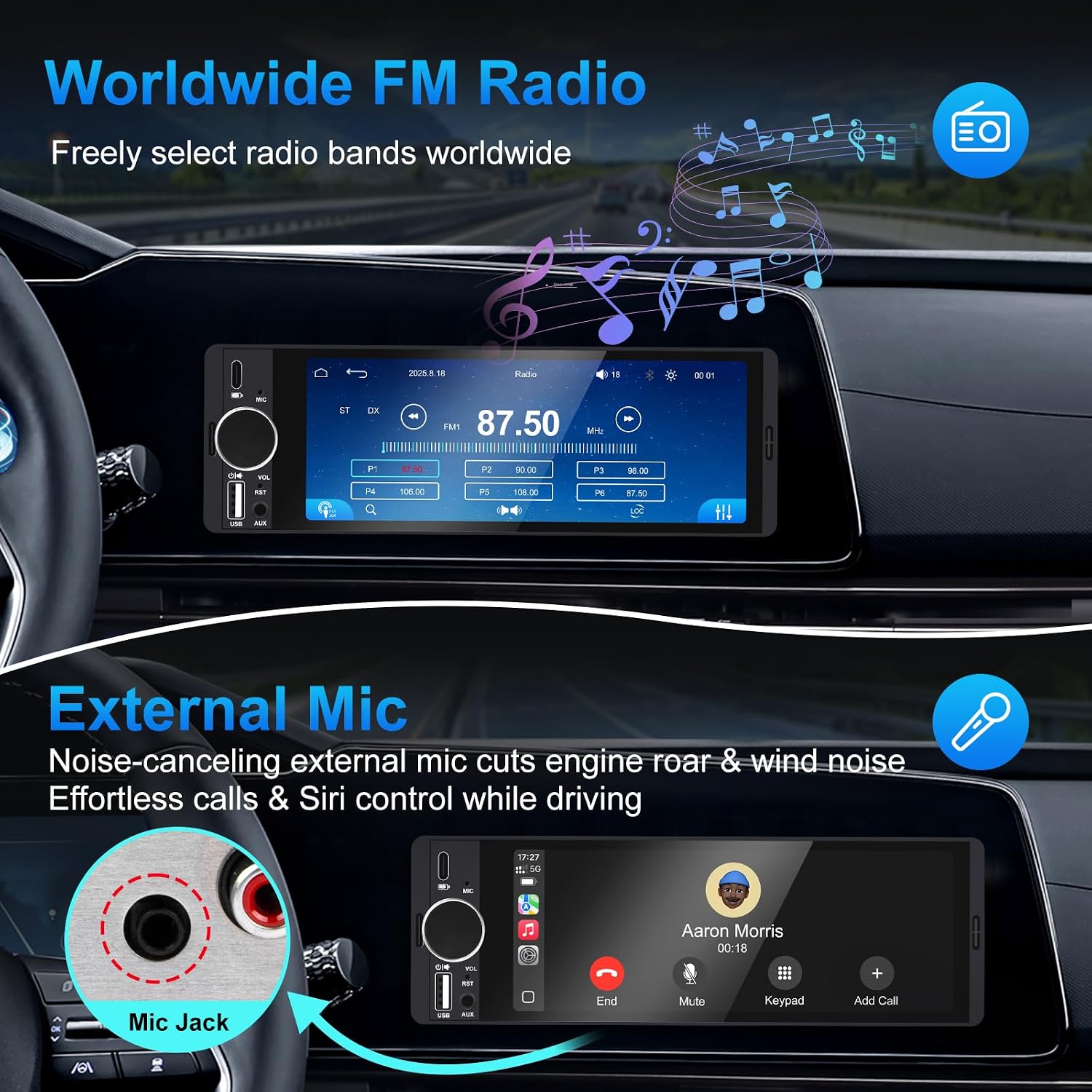 Estéreo para auto de formato Single Din con Apple CarPlay y Android Auto inalámbricos, radio Single Din con pantalla táctil HD de 6.28 pulgadas, Bluetooth, cámara trasera de 1080p, USB, SWC, ecualizador de 10 bandas, RCA, micrófono externo y radio FM para