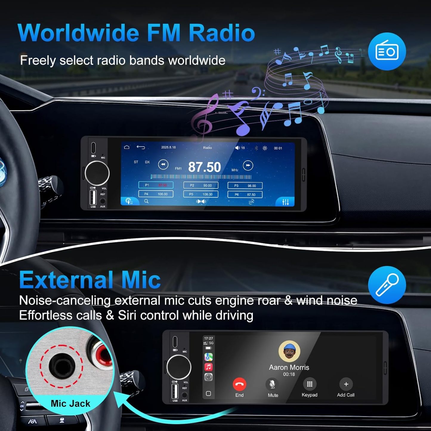 Estéreo para auto de formato Single Din con Apple CarPlay y Android Auto inalámbricos, radio Single Din con pantalla táctil HD de 6.28 pulgadas, Bluetooth, cámara trasera de 1080p, USB, SWC, ecualizador de 10 bandas, RCA, micrófono externo y radio FM para