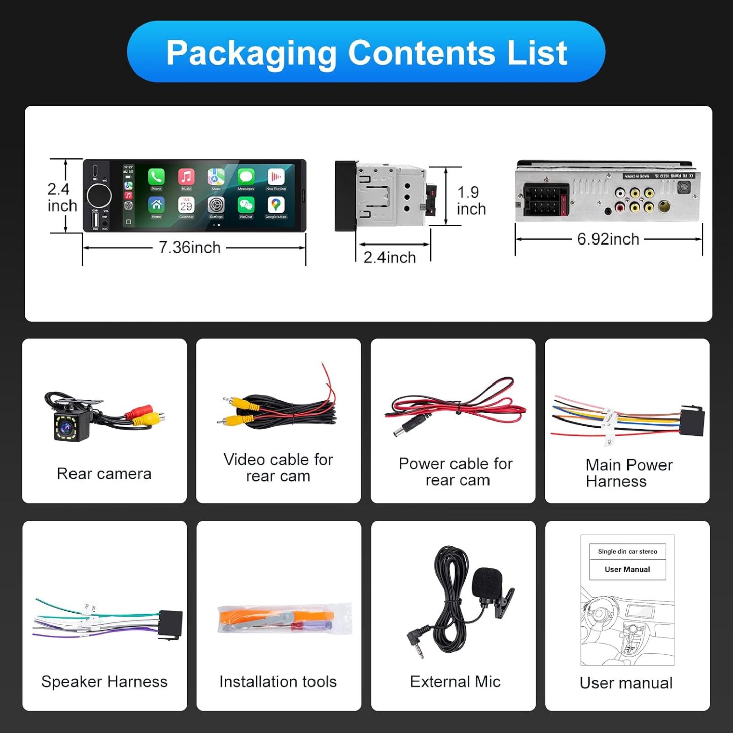 Estéreo para auto de formato Single Din con Apple CarPlay y Android Auto inalámbricos, radio Single Din con pantalla táctil HD de 6.28 pulgadas, Bluetooth, cámara trasera de 1080p, USB, SWC, ecualizador de 10 bandas, RCA, micrófono externo y radio FM para