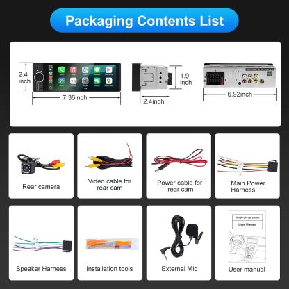 Estéreo para auto de formato Single Din con Apple CarPlay y Android Auto inalámbricos, radio Single Din con pantalla táctil HD de 6.28 pulgadas, Bluetooth, cámara trasera de 1080p, USB, SWC, ecualizador de 10 bandas, RCA, micrófono externo y radio FM para
