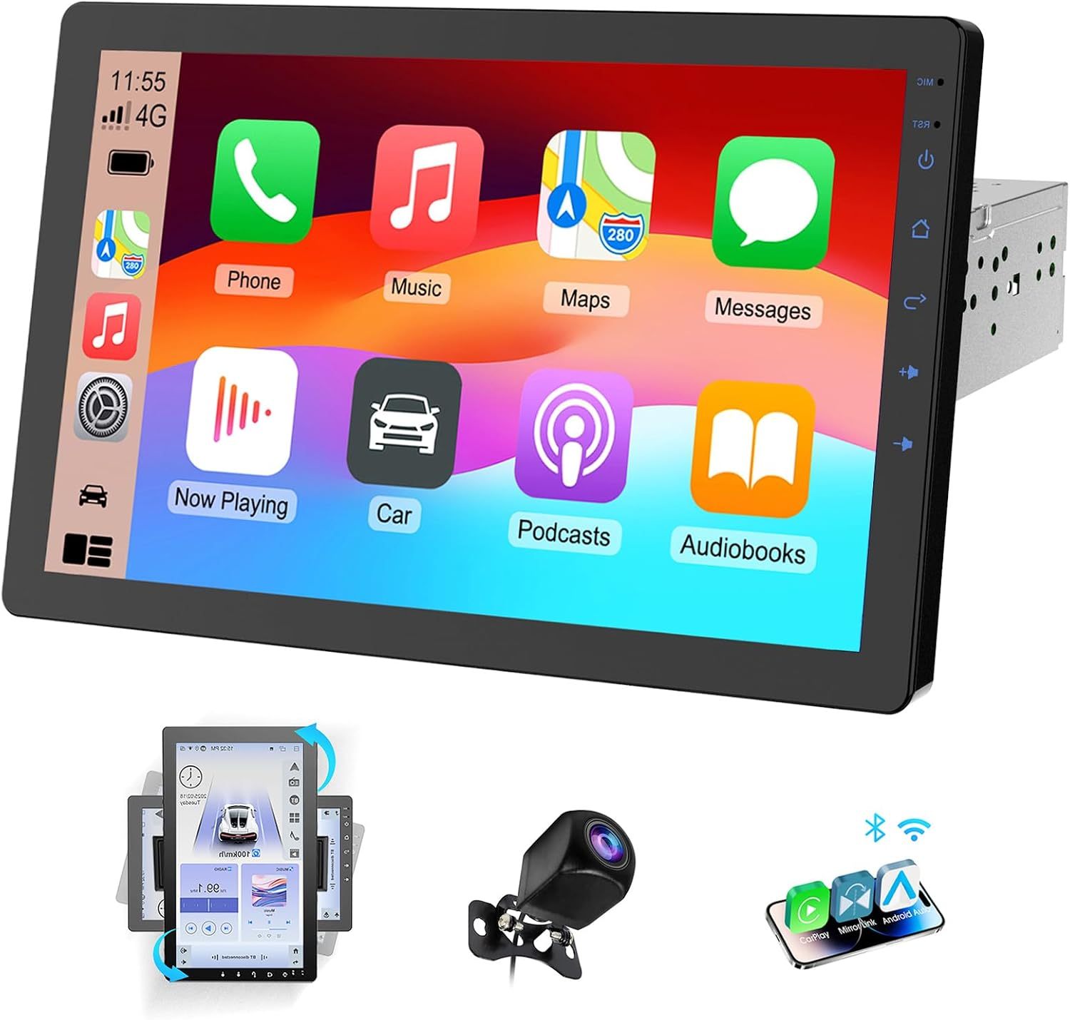 Autorradio Haudio con pantalla giratoria de 360°, estéreo Bluetooth 1 DIN con CarPlay y Android Auto inalámbricos, pantalla táctil IPS de 10,1 pulgadas con GPS, Mirror Link, control por voz, radio RDS/FM/AM y cámara trasera 1080P.