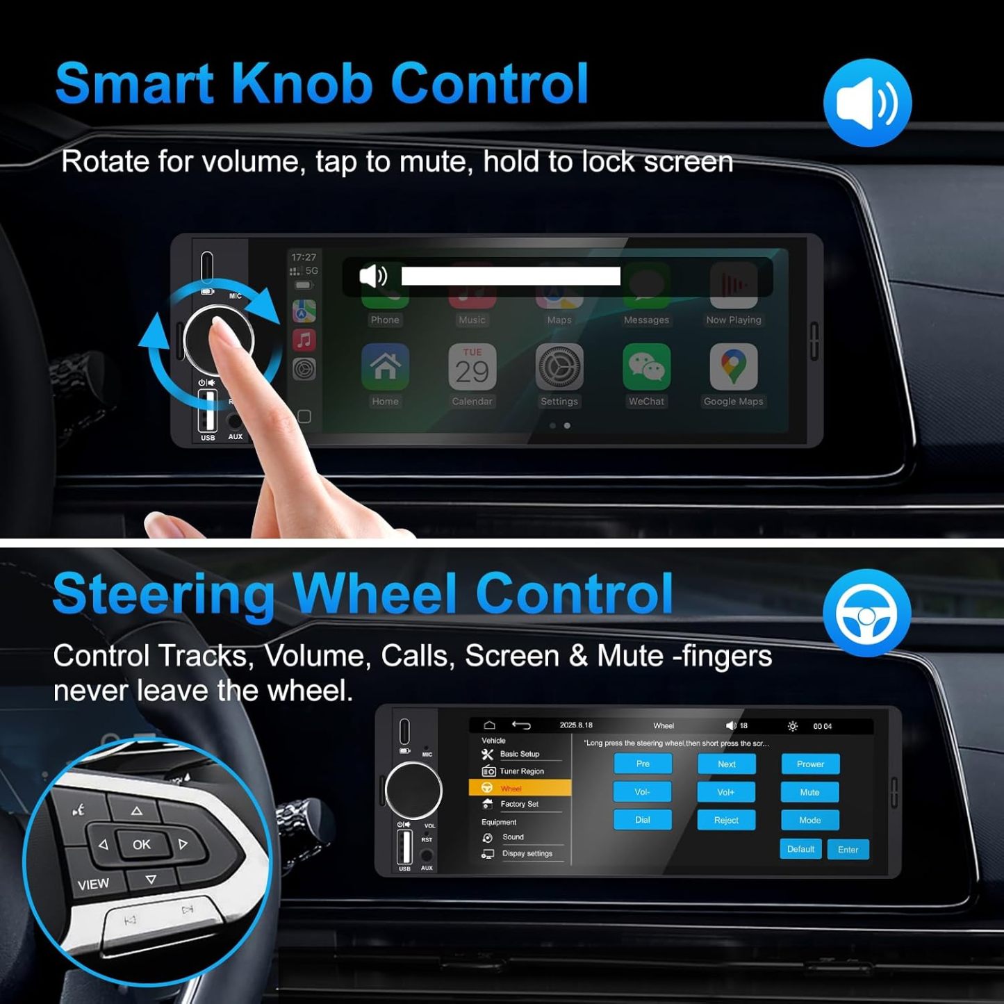 Estéreo para auto de formato Single Din con Apple CarPlay y Android Auto inalámbricos, radio Single Din con pantalla táctil HD de 6.28 pulgadas, Bluetooth, cámara trasera de 1080p, USB, SWC, ecualizador de 10 bandas, RCA, micrófono externo y radio FM para