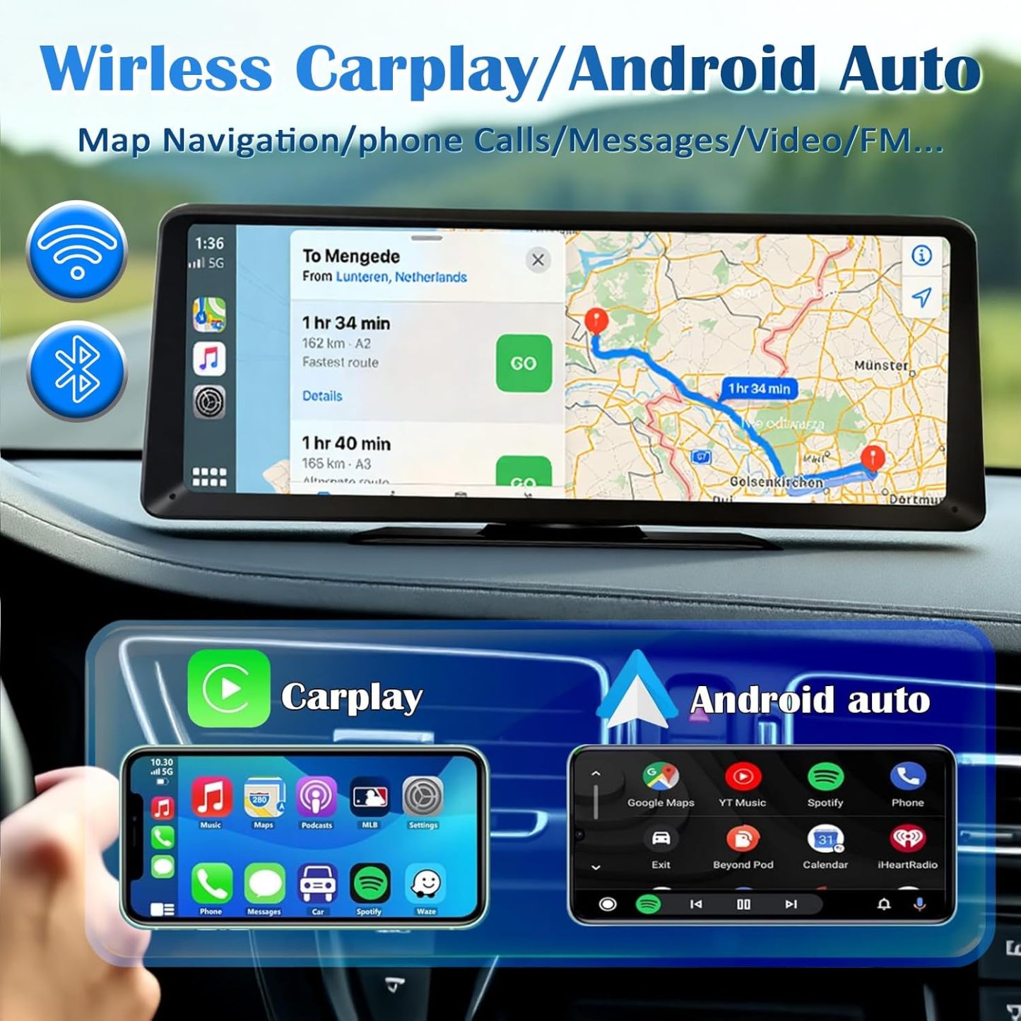 Pantalla HD de 8,1" con CarPlay para el equipo de sonido del coche, cámara de salpicadero 2K, pantalla táctil portátil inalámbrica con CarPlay y Android Auto, cámara de marcha atrás de 1080p, Bluetooth, MirrorLink, GPS, AUX y control por voz