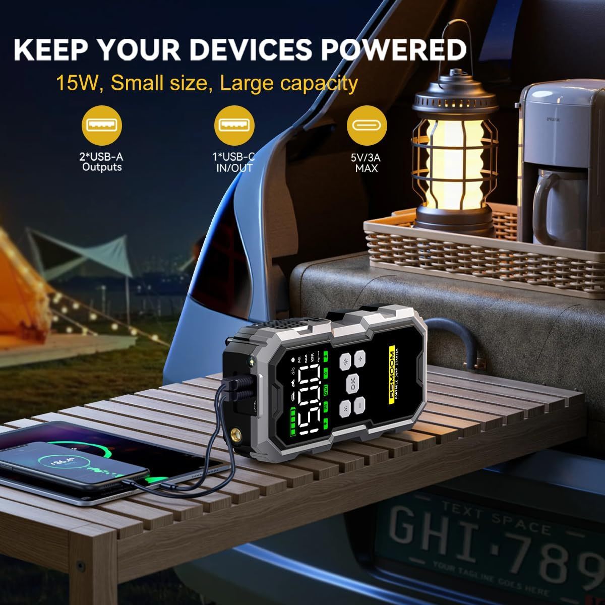 Arrancador portátil de 6000 A con compresor de aire de 150 PSI y batería externa de 12 V (para todos los motores de gasolina y diésel de hasta 10 L); incluye cables de arranque, 3 modos de iluminación y pantalla LCD.