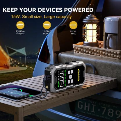 Arrancador portátil de 6000 A con compresor de aire de 150 PSI y batería externa de 12 V (para todos los motores de gasolina y diésel de hasta 10 L); incluye cables de arranque, 3 modos de iluminación y pantalla LCD.
