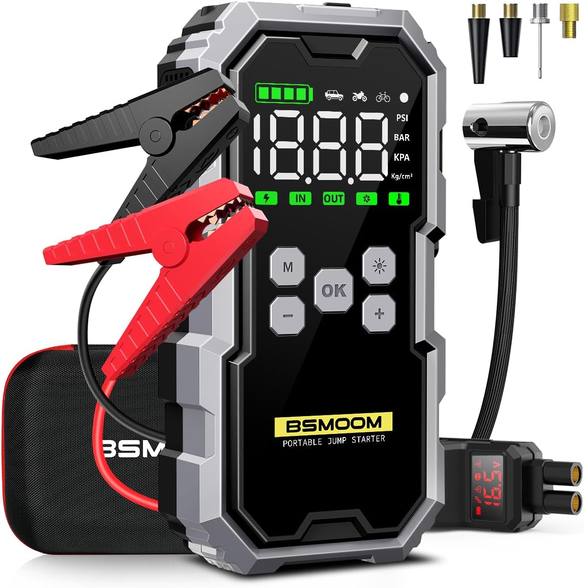 Arrancador portátil de 6000 A con compresor de aire de 150 PSI y batería externa de 12 V (para todos los motores de gasolina y diésel de hasta 10 L); incluye cables de arranque, 3 modos de iluminación y pantalla LCD.