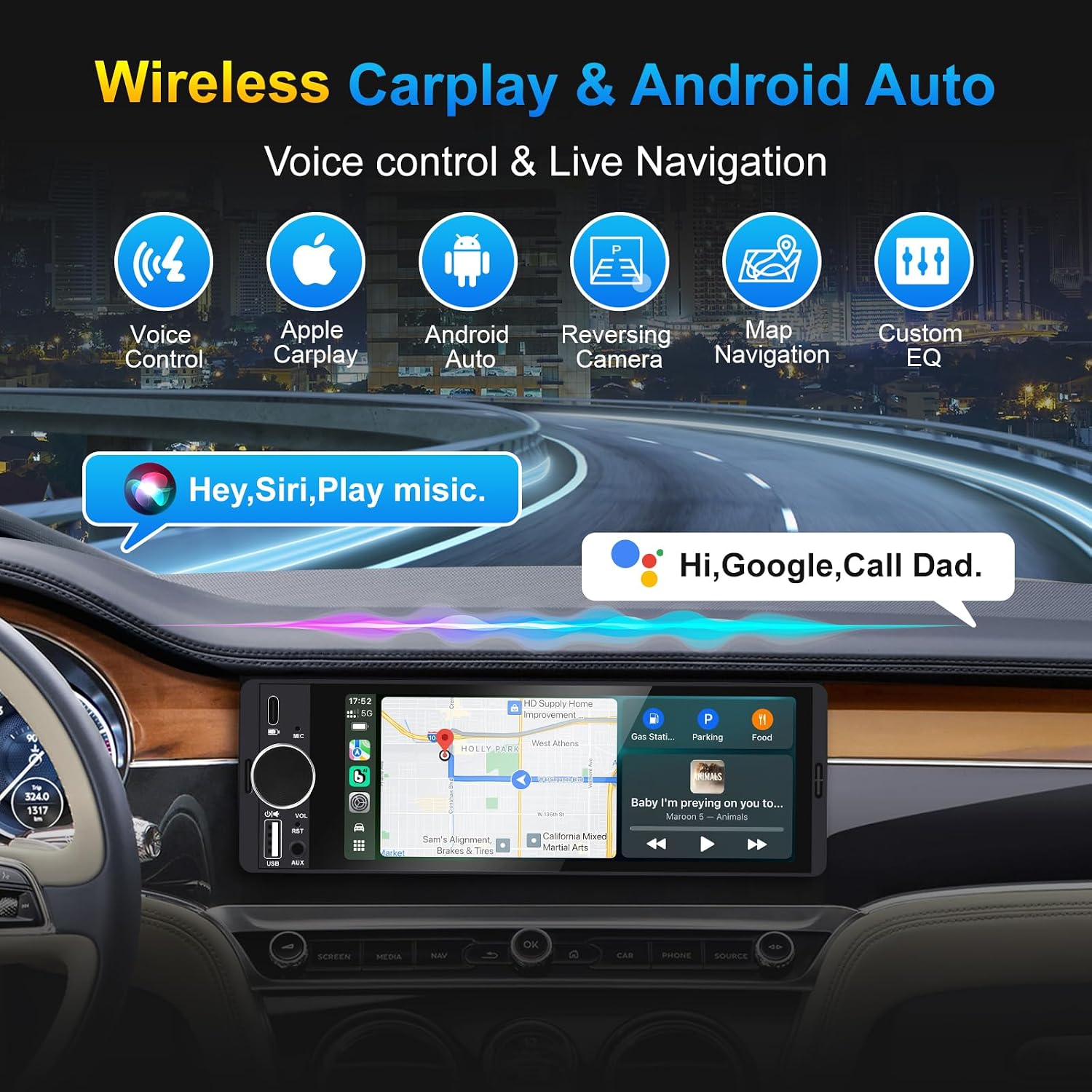 Estéreo para auto de formato Single Din con Apple CarPlay y Android Auto inalámbricos, radio Single Din con pantalla táctil HD de 6.28 pulgadas, Bluetooth, cámara trasera de 1080p, USB, SWC, ecualizador de 10 bandas, RCA, micrófono externo y radio FM para