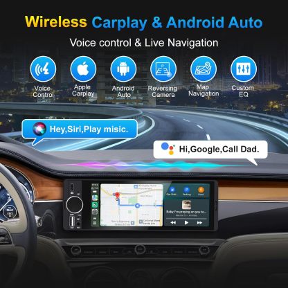Estéreo para auto de formato Single Din con Apple CarPlay y Android Auto inalámbricos, radio Single Din con pantalla táctil HD de 6.28 pulgadas, Bluetooth, cámara trasera de 1080p, USB, SWC, ecualizador de 10 bandas, RCA, micrófono externo y radio FM para