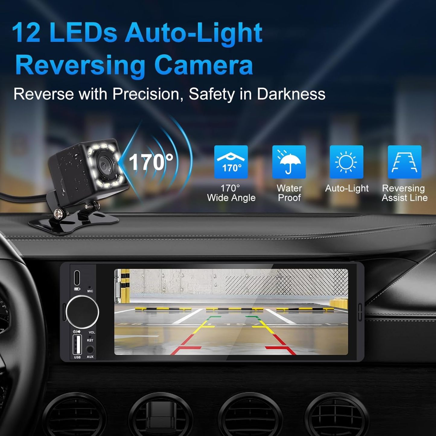 Estéreo para auto de formato Single Din con Apple CarPlay y Android Auto inalámbricos, radio Single Din con pantalla táctil HD de 6.28 pulgadas, Bluetooth, cámara trasera de 1080p, USB, SWC, ecualizador de 10 bandas, RCA, micrófono externo y radio FM para