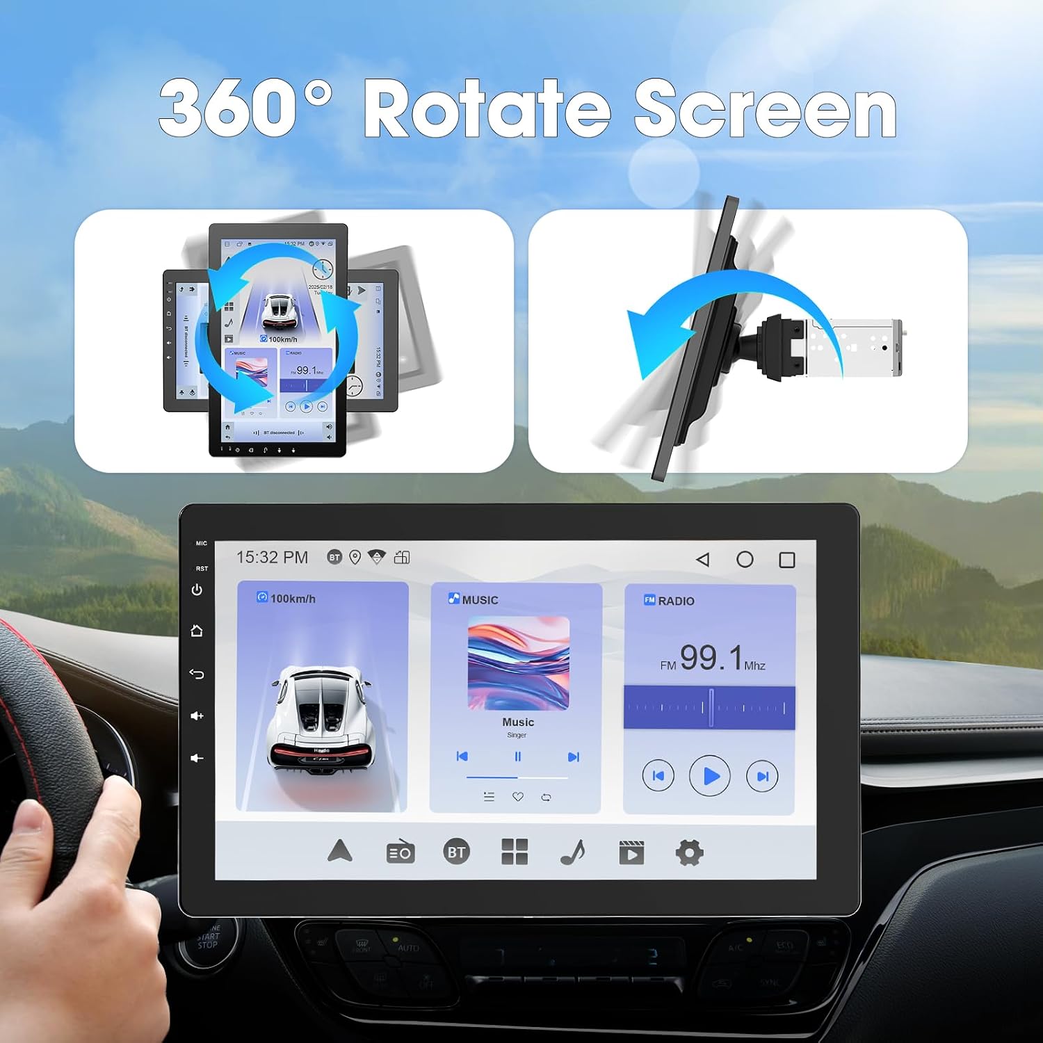 Autorradio Haudio con pantalla giratoria de 360°, estéreo Bluetooth 1 DIN con CarPlay y Android Auto inalámbricos, pantalla táctil IPS de 10,1 pulgadas con GPS, Mirror Link, control por voz, radio RDS/FM/AM y cámara trasera 1080P.
