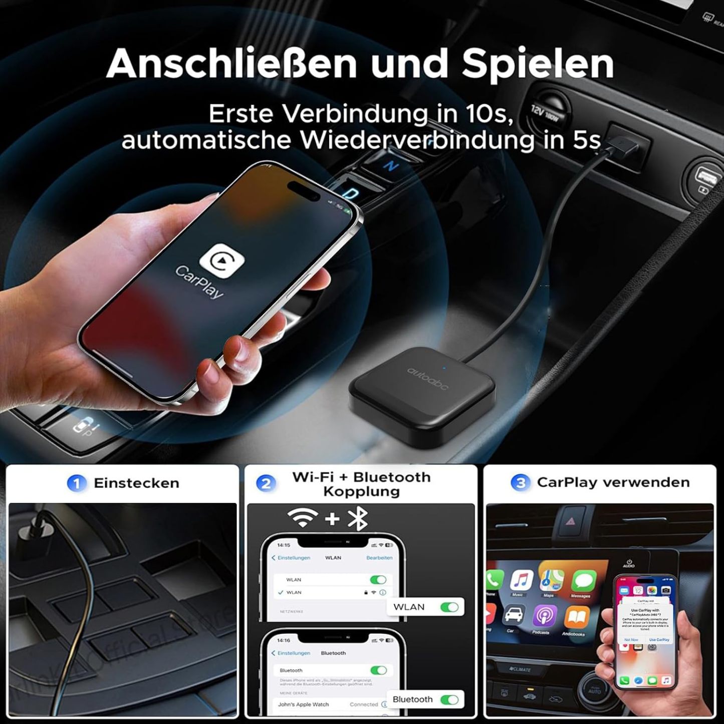 Adaptador USB «Plug and Play» inalámbrico CarbitLink/CarPlay/Android Auto Smart Link para vehículos con CarPlay o Android Carbit Link de fábrica con conexión por cable
