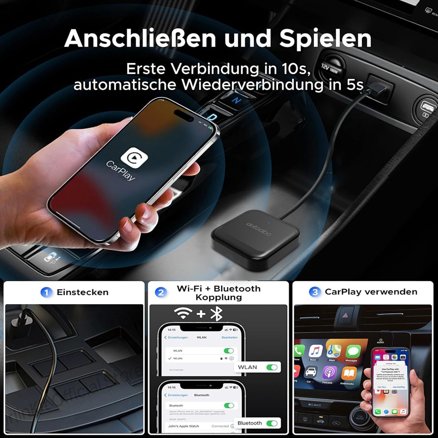 Adaptador USB «Plug and Play» inalámbrico CarbitLink/CarPlay/Android Auto Smart Link para vehículos con CarPlay o Android Carbit Link de fábrica con conexión por cable