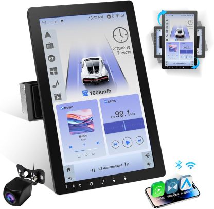 Autorradio Haudio con pantalla giratoria de 360°, estéreo Bluetooth 1 DIN con CarPlay y Android Auto inalámbricos, pantalla táctil IPS de 10,1 pulgadas con GPS, Mirror Link, control por voz, radio RDS/FM/AM y cámara trasera 1080P.