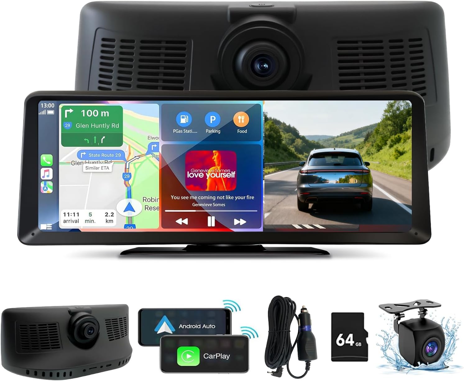 Pantalla HD de 8,1" con CarPlay para el equipo de sonido del coche, cámara de salpicadero 2K, pantalla táctil portátil inalámbrica con CarPlay y Android Auto, cámara de marcha atrás de 1080p, Bluetooth, MirrorLink, GPS, AUX y control por voz