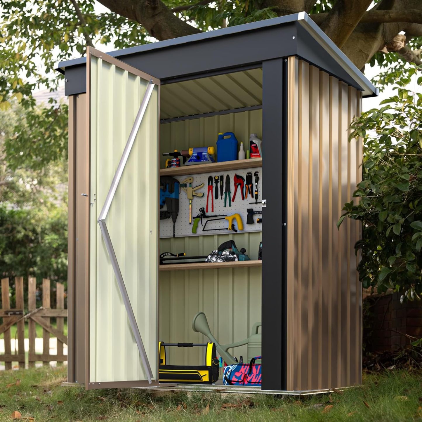 Devoko - Cobertizo grande de almacenamiento exterior de 3 x 3 m, cobertizo metálico de jardín y espacio de almacenamiento exterior, para herramientas, una sola puerta con cerradura, marrón