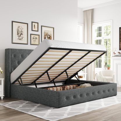 Allewie - Cama elevadora de tamaño matrimonial, cabecera Moderna con Respaldo de ala, no Necesita somier, Almacenamiento hidráulico, Beige Claro