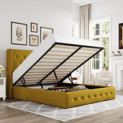 Allewie - Cama elevadora de tamaño matrimonial, cabecera Moderna con Respaldo de ala, no Necesita somier, Almacenamiento hidráulico, Beige Claro