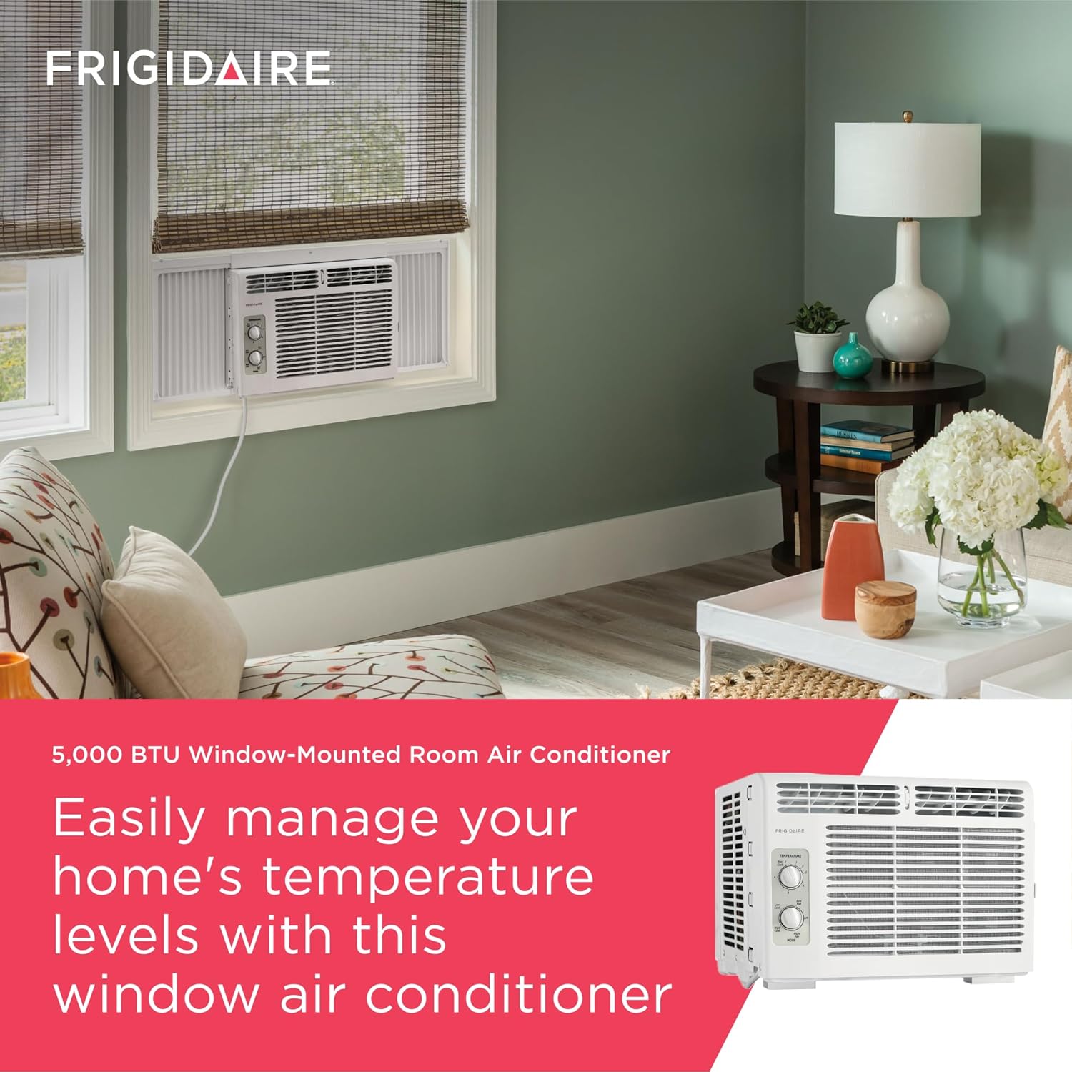 Frigidaire 5000 BTU Acondicionador de Aire montado en la Ventana, enfría hasta 250 Sq. Ft., Funcionamiento silencioso, Control de Temperatura sin Esfuerzo, 2 velocidades de Ventilador, reinicio
