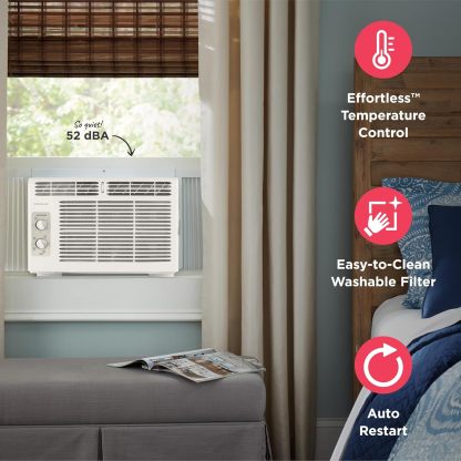 Frigidaire 5000 BTU Acondicionador de Aire montado en la Ventana, enfría hasta 250 Sq. Ft., Funcionamiento silencioso, Control de Temperatura sin Esfuerzo, 2 velocidades de Ventilador, reinicio