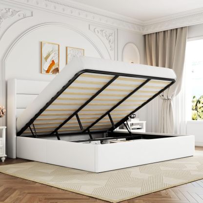 Allewie - Cama elevadora de tamaño matrimonial, cabecera Moderna con Respaldo de ala, no Necesita somier, Almacenamiento hidráulico, Beige Claro