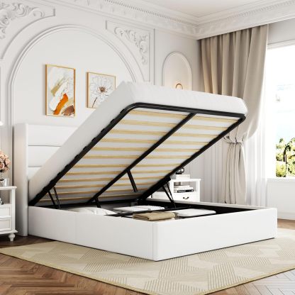 Allewie - Cama elevadora de tamaño matrimonial, cabecera Moderna con Respaldo de ala, no Necesita somier, Almacenamiento hidráulico, Beige Claro