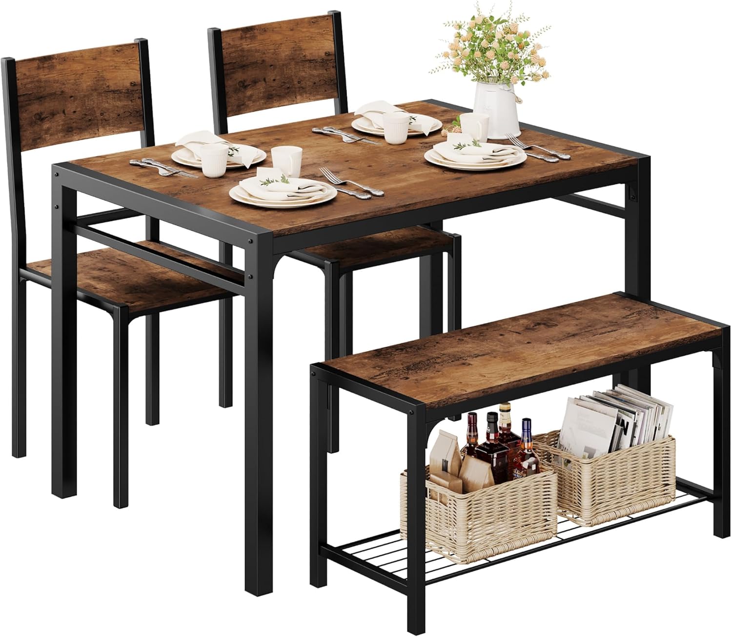 Mesas de Comedor con 2 Taburetesy y 1 Banco para 4-5 Personas, Conjunto de Mesa para Comedor, Cocina, Cafe, Amplia Superficie de 110 * 70 * 75cm (Marron)
