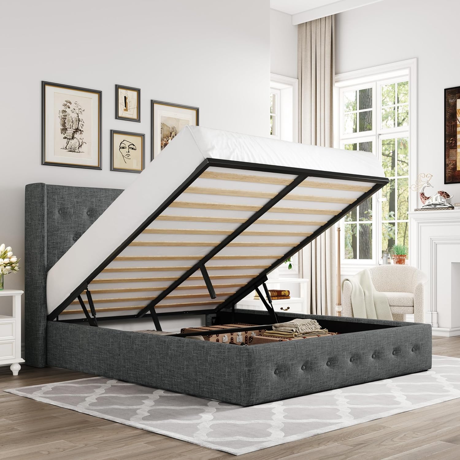 Allewie - Cama elevadora de tamaño matrimonial, cabecera Moderna con Respaldo de ala, no Necesita somier, Almacenamiento hidráulico, Beige Claro