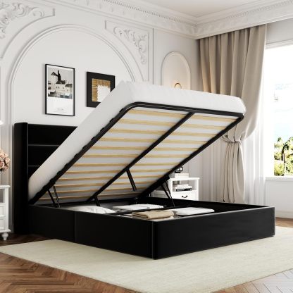 Allewie - Cama elevadora de tamaño matrimonial, cabecera Moderna con Respaldo de ala, no Necesita somier, Almacenamiento hidráulico, Beige Claro