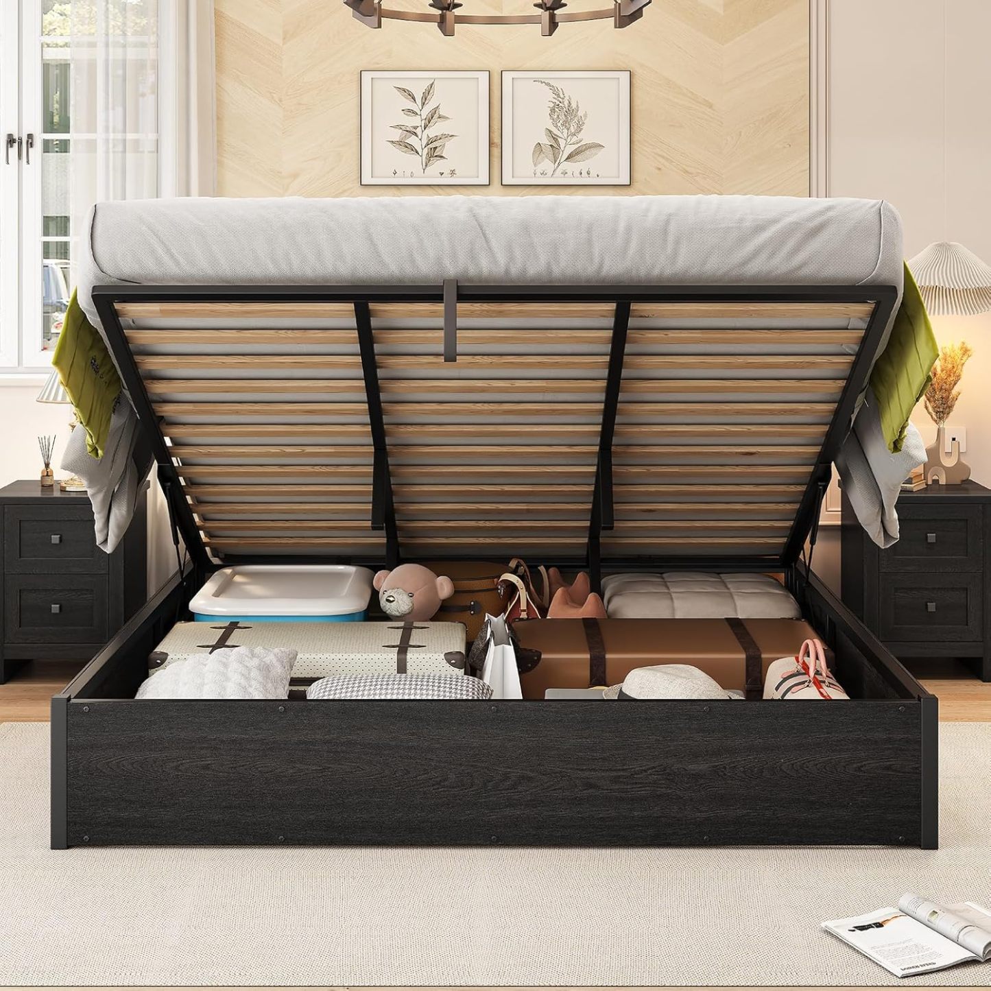 AMERLIFE - Cama de almacenamiento elevable, marco de cama King con almacenamiento debajo, marco de cama de plataforma de madera, soporte de listones de madera maciza, no se necesita cabecero fijo, no