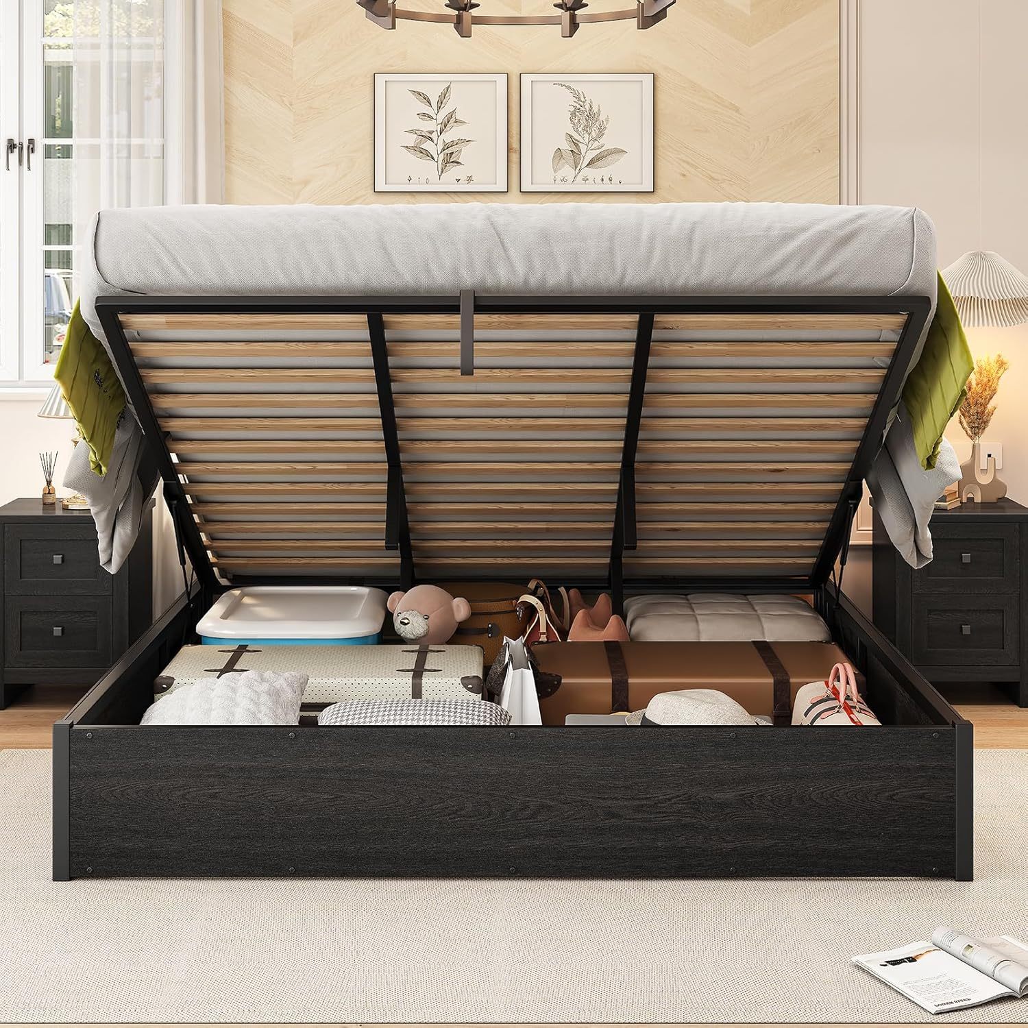 AMERLIFE - Cama de almacenamiento elevable, marco de cama King con almacenamiento debajo, marco de cama de plataforma de madera, soporte de listones de madera maciza, no se necesita cabecero fijo, no