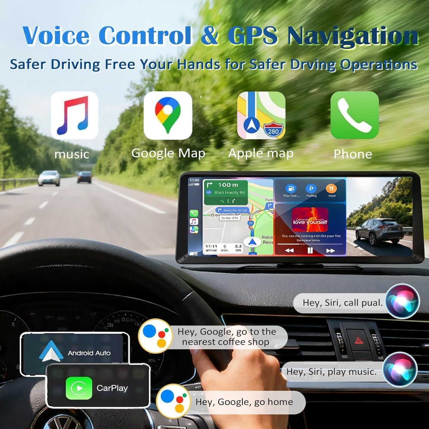 Pantalla HD de 8,1" con CarPlay para el equipo de sonido del coche, cámara de salpicadero 2K, pantalla táctil portátil inalámbrica con CarPlay y Android Auto, cámara de marcha atrás de 1080p, Bluetooth, MirrorLink, GPS, AUX y control por voz