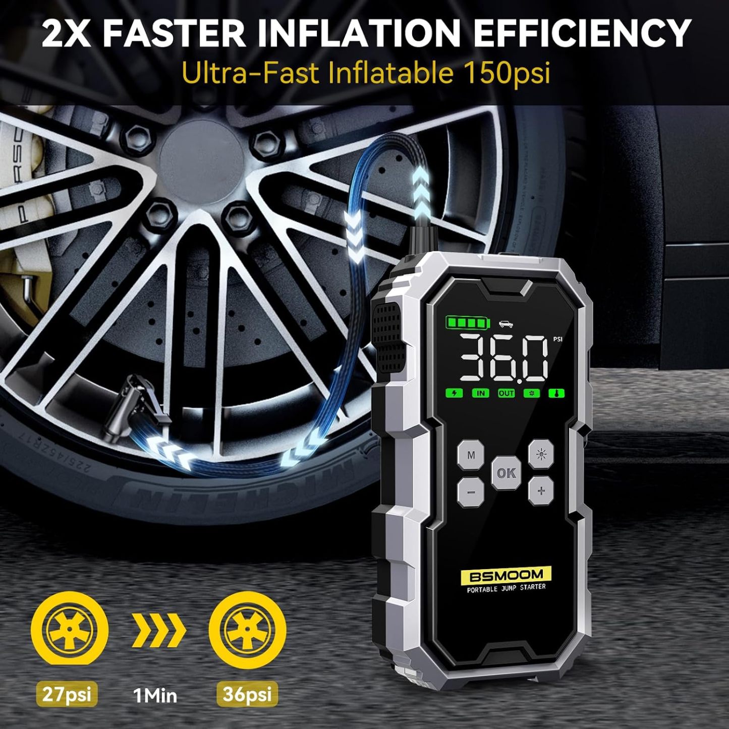 Arrancador portátil de 6000 A con compresor de aire de 150 PSI y batería externa de 12 V (para todos los motores de gasolina y diésel de hasta 10 L); incluye cables de arranque, 3 modos de iluminación y pantalla LCD.