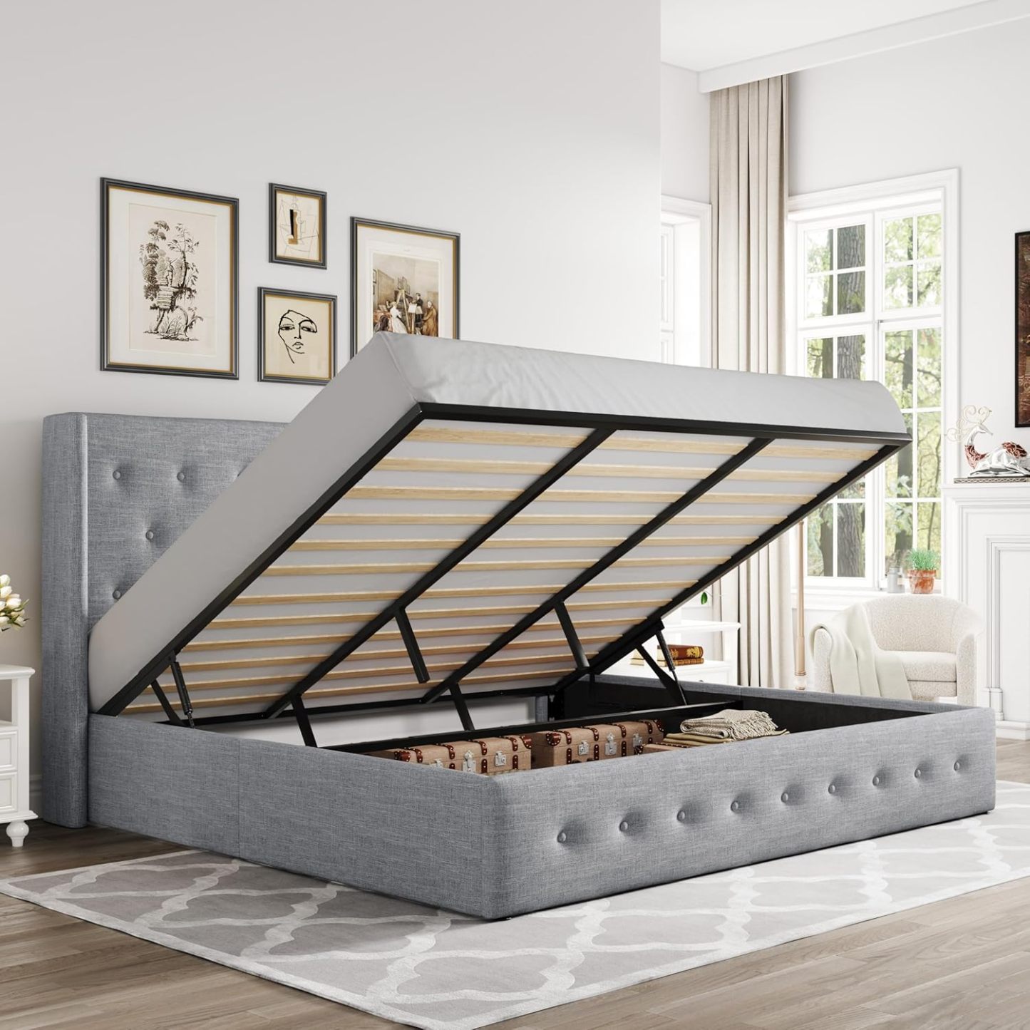 Allewie - Cama elevadora de tamaño matrimonial, cabecera Moderna con Respaldo de ala, no Necesita somier, Almacenamiento hidráulico, Beige Claro