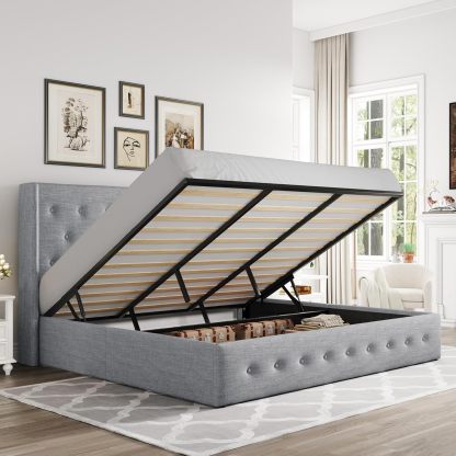 Allewie - Cama elevadora de tamaño matrimonial, cabecera Moderna con Respaldo de ala, no Necesita somier, Almacenamiento hidráulico, Beige Claro