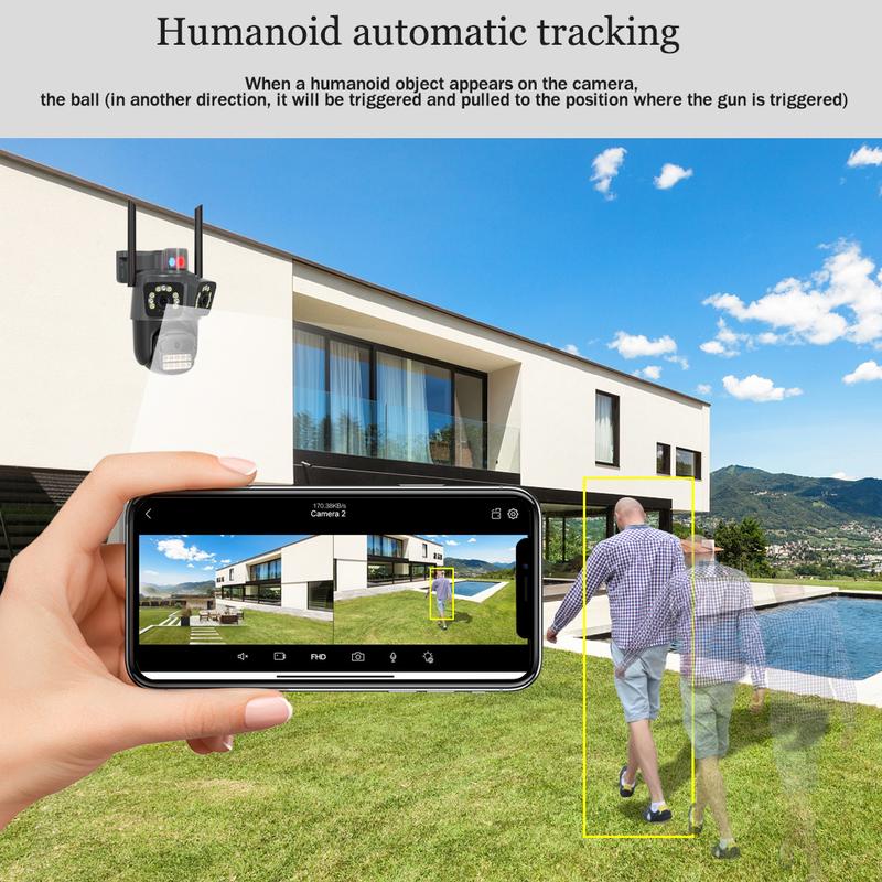 ICSEE Cámara de Seguridad AJ21 WiFi Triple Lente Ultra HD 9MP，Regalo de cable de extensión de 3 metros，360° Panorámica con Triple Lente PTZ，Detección de Movimiento + Visión Nocturna Color，Impermeable IP66，WiFi 2.4GHz ，Compatible con el protocolo ONVIF，Con