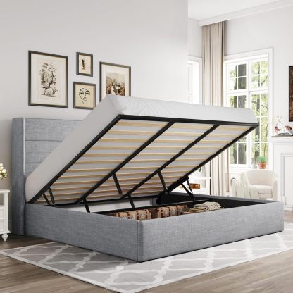 Allewie - Cama elevadora de tamaño matrimonial, cabecera Moderna con Respaldo de ala, no Necesita somier, Almacenamiento hidráulico, Beige Claro