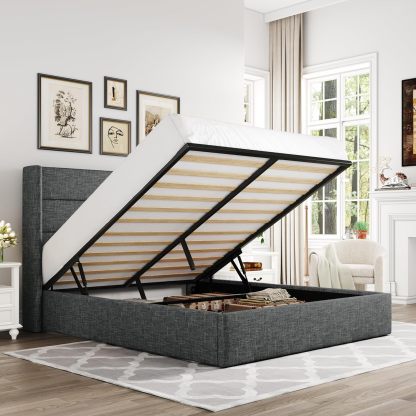 Allewie - Cama elevadora de tamaño matrimonial, cabecera Moderna con Respaldo de ala, no Necesita somier, Almacenamiento hidráulico, Beige Claro