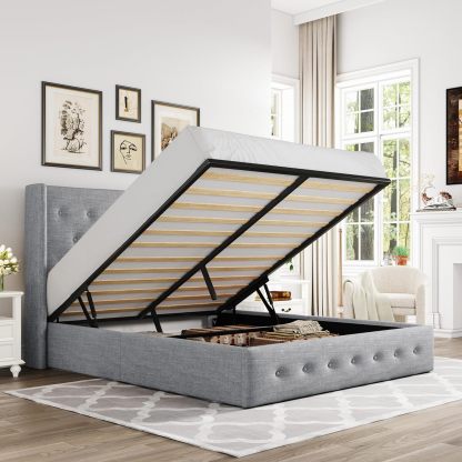 Allewie - Cama elevadora de tamaño matrimonial, cabecera Moderna con Respaldo de ala, no Necesita somier, Almacenamiento hidráulico, Beige Claro