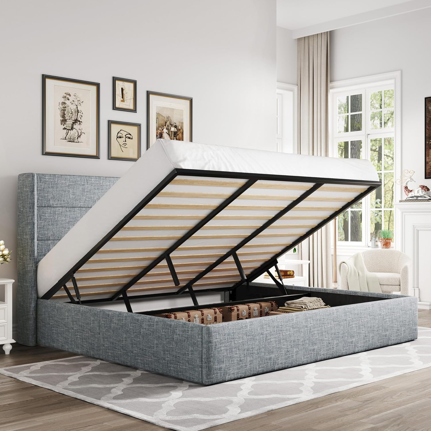Allewie - Cama elevadora de tamaño matrimonial, cabecera Moderna con Respaldo de ala, no Necesita somier, Almacenamiento hidráulico, Beige Claro