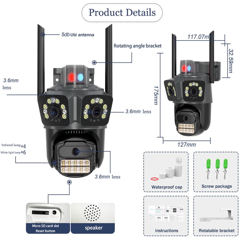 ICSEE Cámara de Seguridad AJ21 WiFi Triple Lente Ultra HD 9MP，Regalo de cable de extensión de 3 metros，360° Panorámica con Triple Lente PTZ，Detección de Movimiento + Visión Nocturna Color，Impermeable IP66，WiFi 2.4GHz ，Compatible con el protocolo ONVIF，Con