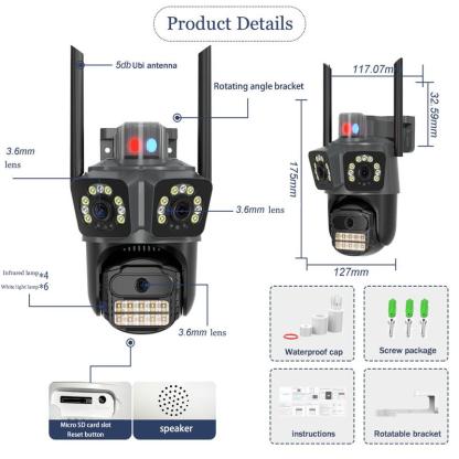 ICSEE Cámara de Seguridad AJ21 WiFi Triple Lente Ultra HD 9MP，Regalo de cable de extensión de 3 metros，360° Panorámica con Triple Lente PTZ，Detección de Movimiento + Visión Nocturna Color，Impermeable IP66，WiFi 2.4GHz ，Compatible con el protocolo ONVIF，Con