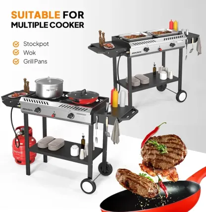 🔥 Estufa de Gas Propano para Exteriores ROVSUN 2/3 Quemadores | Encendido Automático, Regulador y Estantes Laterales, Alta Potencia 150,000/225,000 BTU, Cocina de Pie para Patio, Cerveza Casera y Cocina Exterior