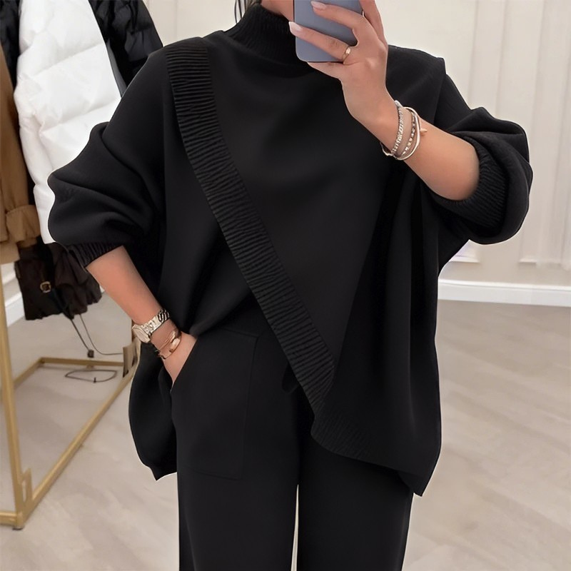 🎁 50% DTO 💝Conjunto de 2 piezas para mujer: jersey asimétrico + pantalones de pierna ancha