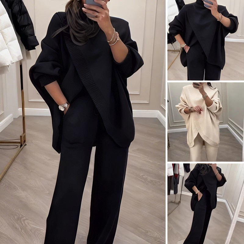 🎁 50% DTO 💝Conjunto de 2 piezas para mujer: jersey asimétrico + pantalones de pierna ancha
