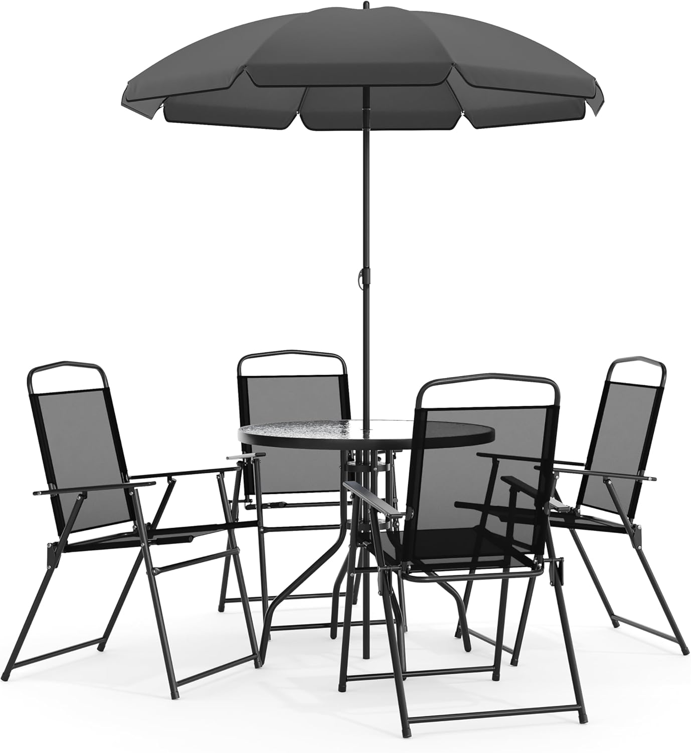 Flash Furniture Set de Muebles de Jardín Exterior Modelo Nantucket – Muebles de Jardín y Terraza – Set de 6 Unidades – Incluye Mesa de Jardín, Sombrilla y 4 Sillas Plegables – Color Negro