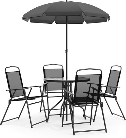 Flash Furniture Set de Muebles de Jardín Exterior Modelo Nantucket – Muebles de Jardín y Terraza – Set de 6 Unidades – Incluye Mesa de Jardín, Sombrilla y 4 Sillas Plegables – Color Negro