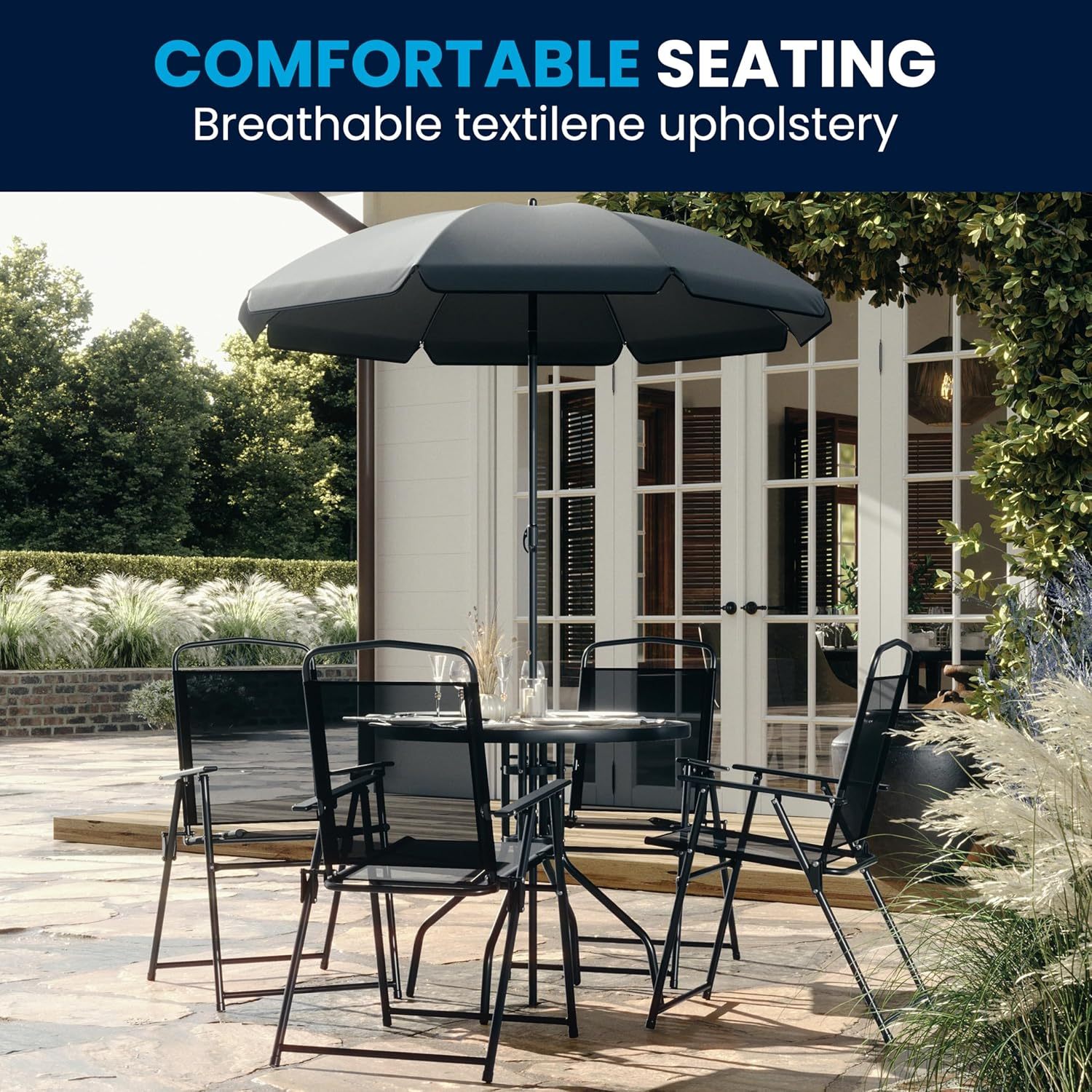 Flash Furniture Set de Muebles de Jardín Exterior Modelo Nantucket – Muebles de Jardín y Terraza – Set de 6 Unidades – Incluye Mesa de Jardín, Sombrilla y 4 Sillas Plegables – Color Negro