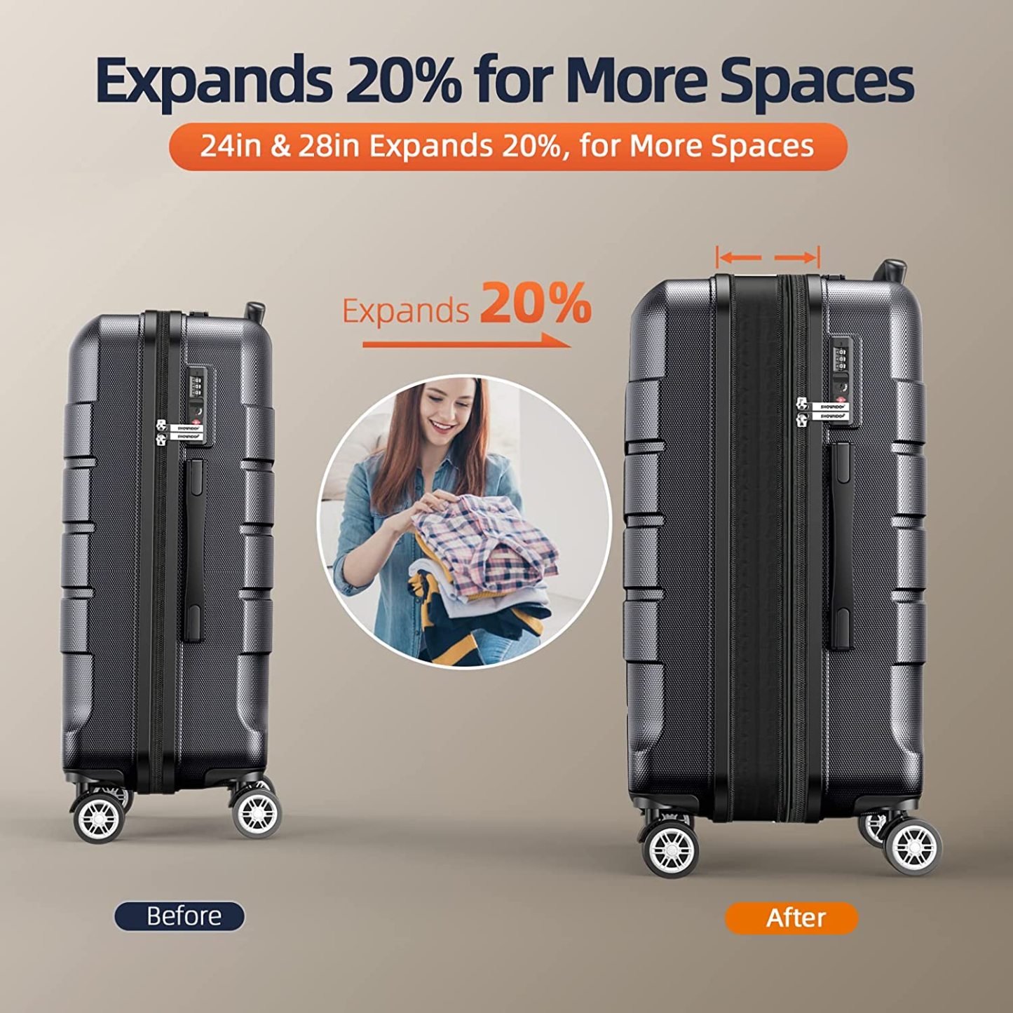 SHOWKOO Luggage Sets Expandable PC+ABS Durable Suitcase Double Wheels TSA Lock 3pcs