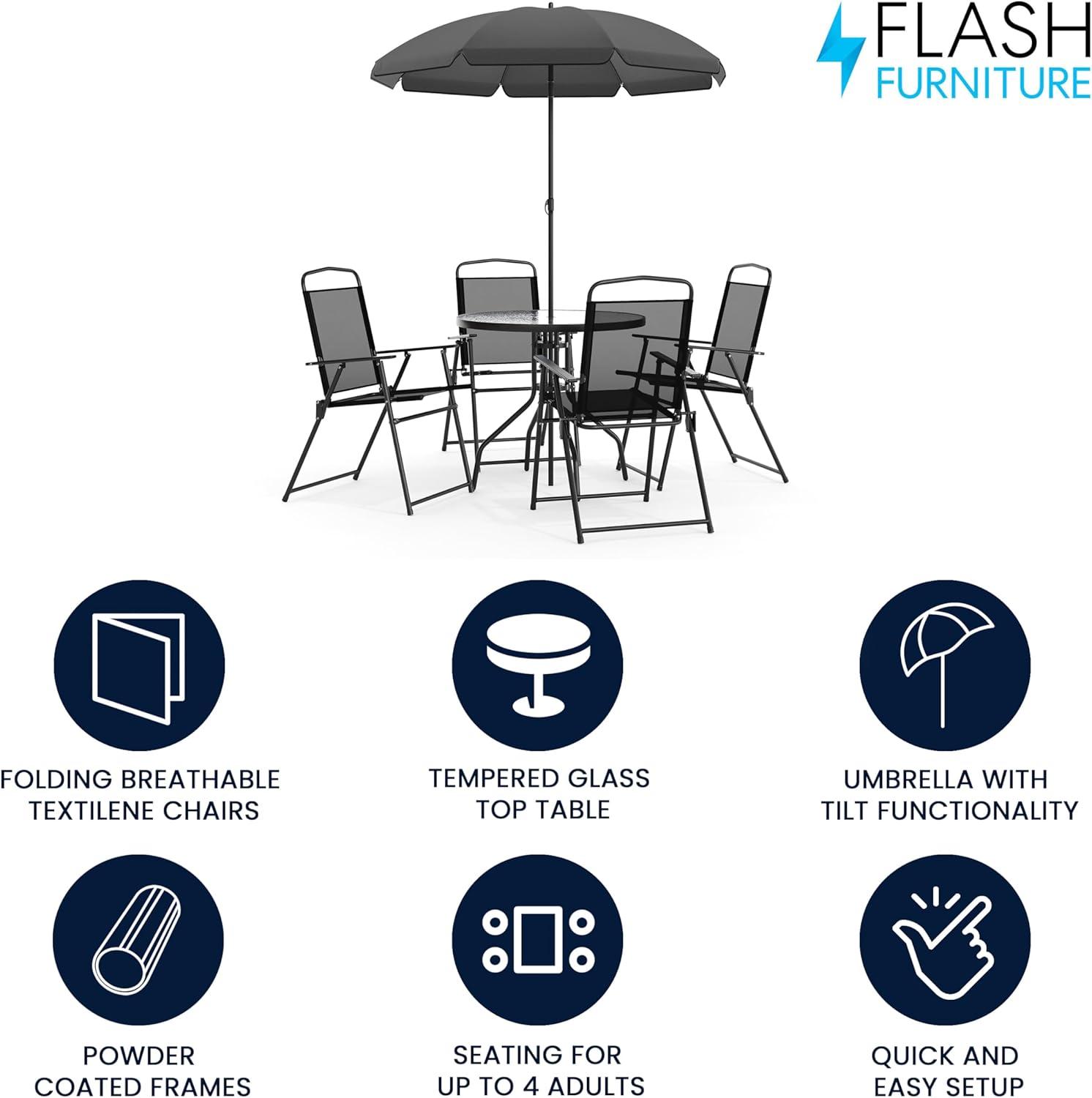 Flash Furniture Set de Muebles de Jardín Exterior Modelo Nantucket – Muebles de Jardín y Terraza – Set de 6 Unidades – Incluye Mesa de Jardín, Sombrilla y 4 Sillas Plegables – Color Negro