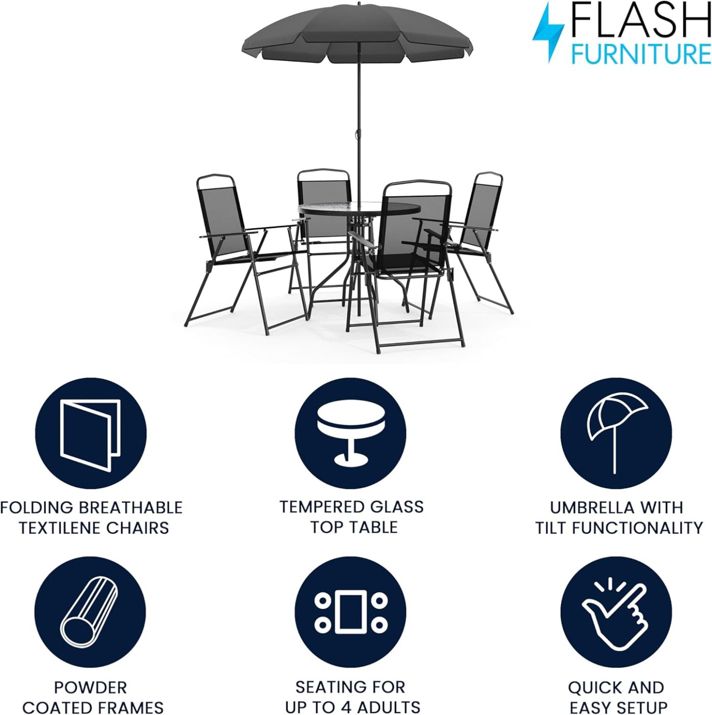 Flash Furniture Set de Muebles de Jardín Exterior Modelo Nantucket – Muebles de Jardín y Terraza – Set de 6 Unidades – Incluye Mesa de Jardín, Sombrilla y 4 Sillas Plegables – Color Negro
